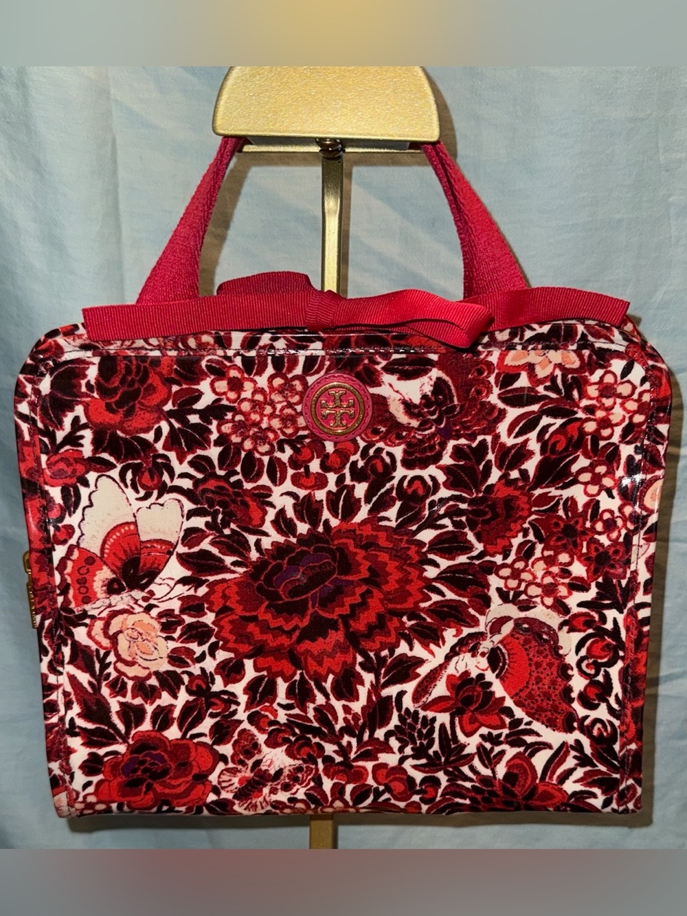 Tory Burch Red Floral Cosmetic Travel Organizer with Red Pink Black Accents